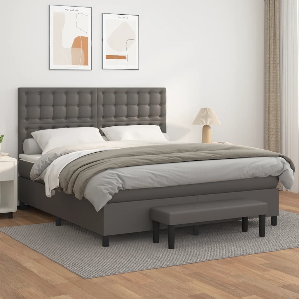 vidaXL Pat box spring cu saltea, gri, 160x200 cm, piele ecologică