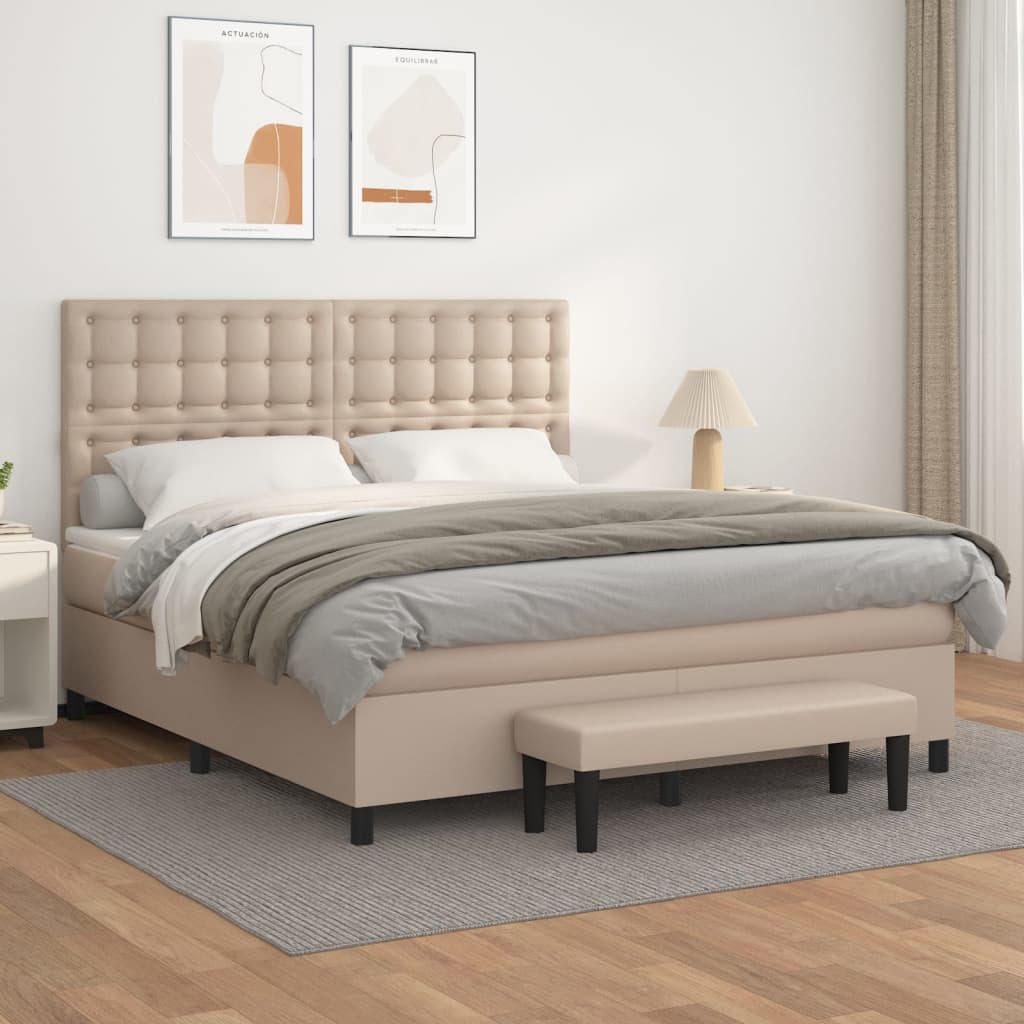 vidaXL Pat box spring cu saltea, cappuccino, 160x200cm piele ecologică