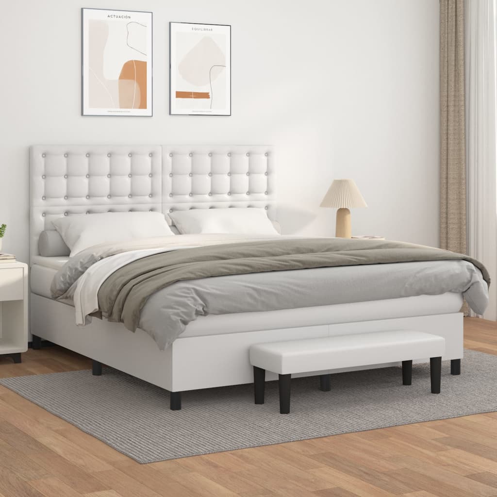 vidaXL Pat box spring cu saltea, alb, 180x200 cm, piele ecologică