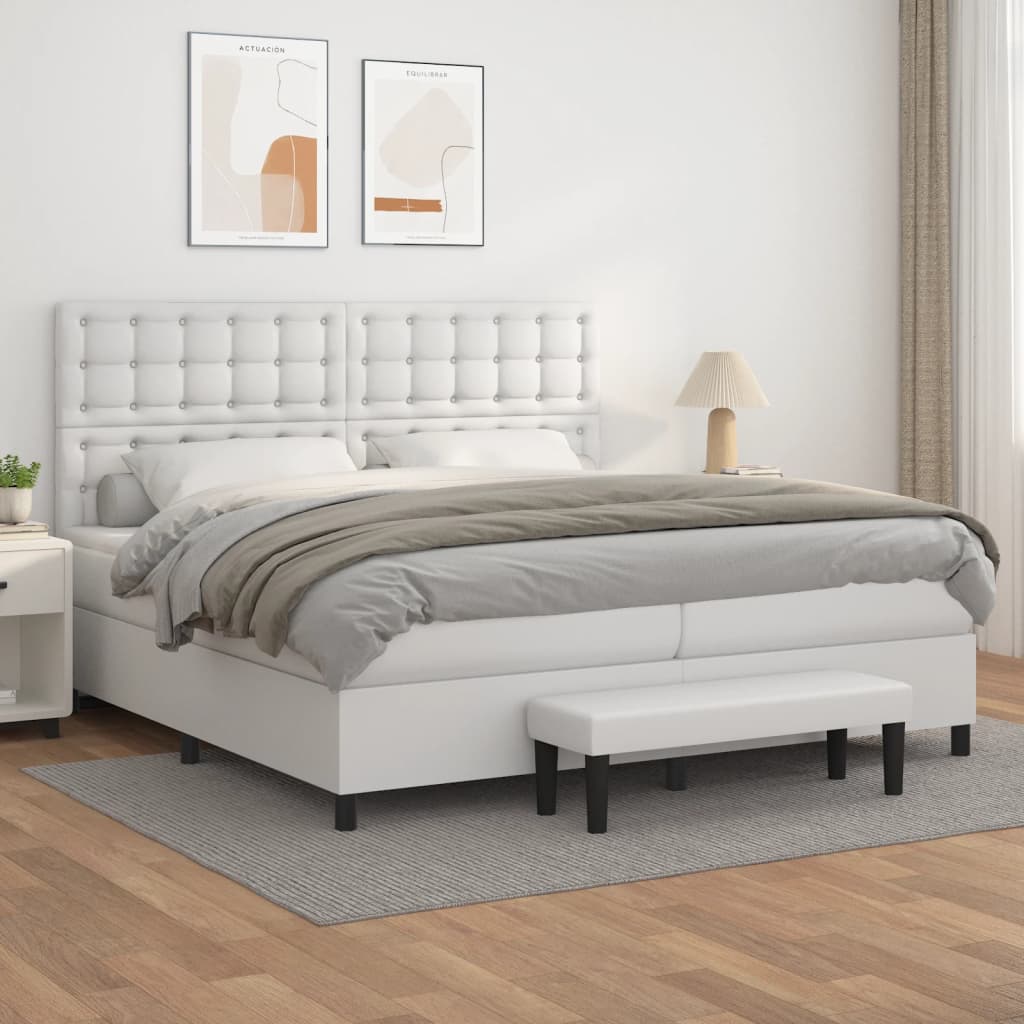 vidaXL Pat box spring cu saltea, alb, 200x200 cm, piele ecologică