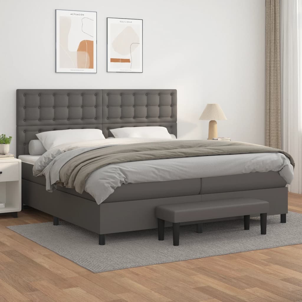 vidaXL Pat box spring cu saltea, gri, 200x200 cm, piele ecologică