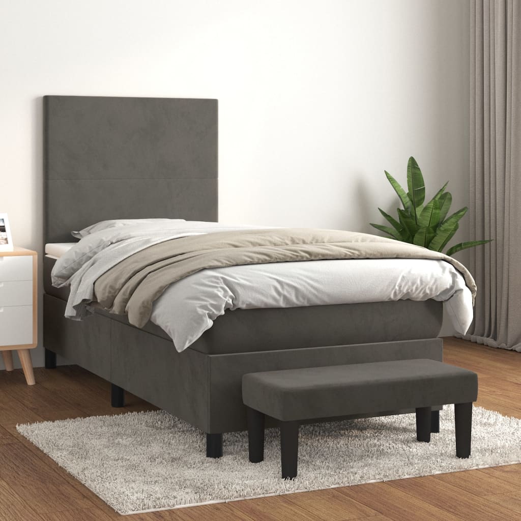 vidaXL Pat box spring cu saltea, gri închis, 90x190 cm, catifea