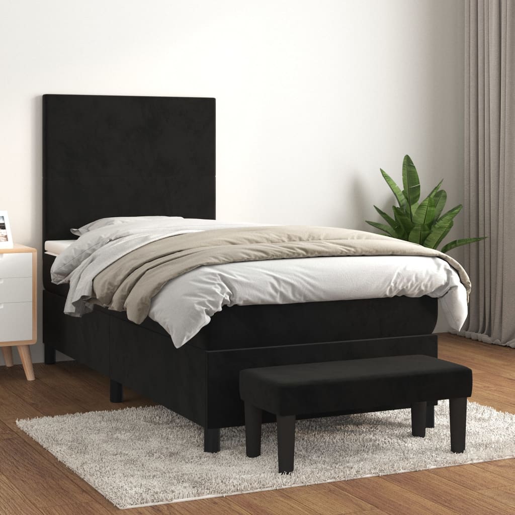 vidaXL Pat box spring cu saltea, negru, 90x190 cm, catifea