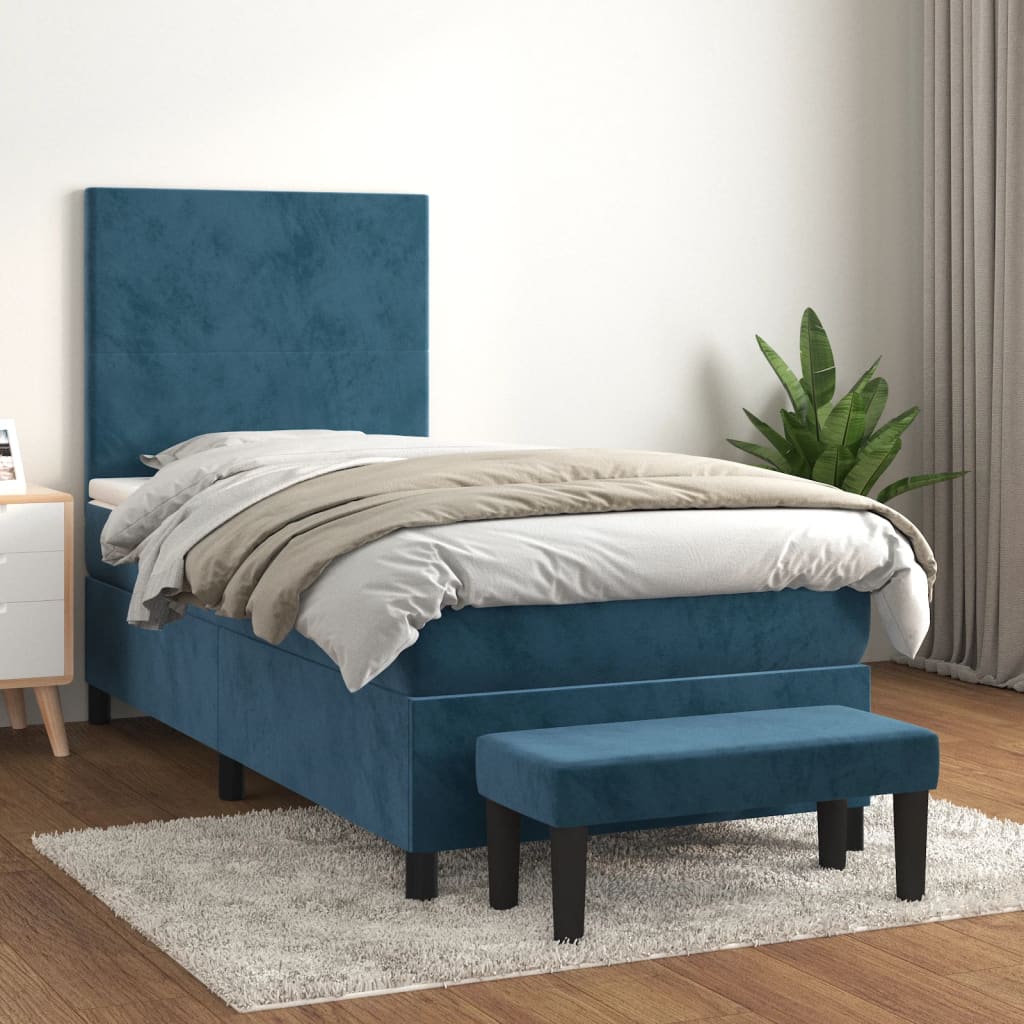 vidaXL Pat box spring cu saltea, albastru închis, 90x190 cm, catifea 