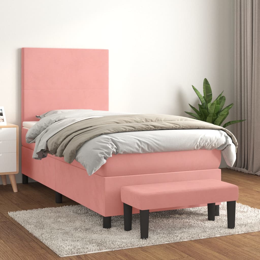 vidaXL Pat box spring cu saltea, roz, 100x200 cm, catifea