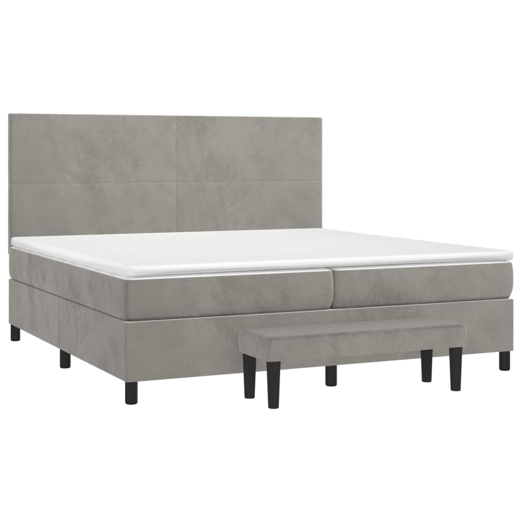 Pat box spring cu saltea, gri deschis, 200x200 cm, catifea