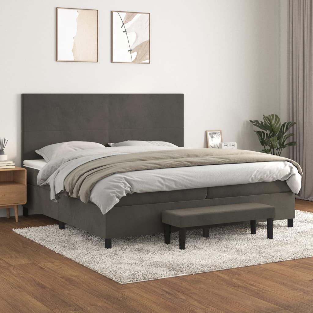 vidaXL Pat box spring cu saltea, gri închis, 200x200 cm, catifea