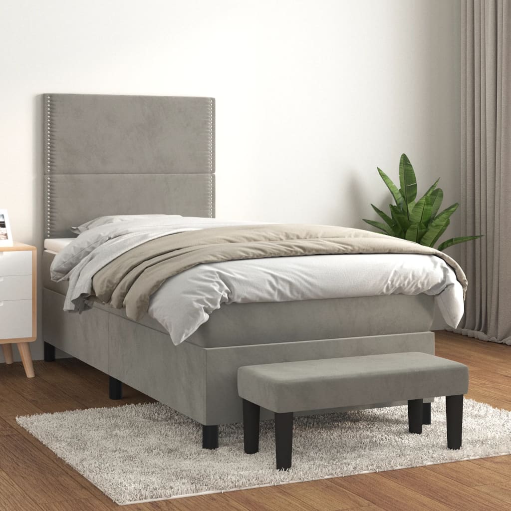 vidaXL Pat box spring cu saltea, gri deschis, 90x190 cm, catifea