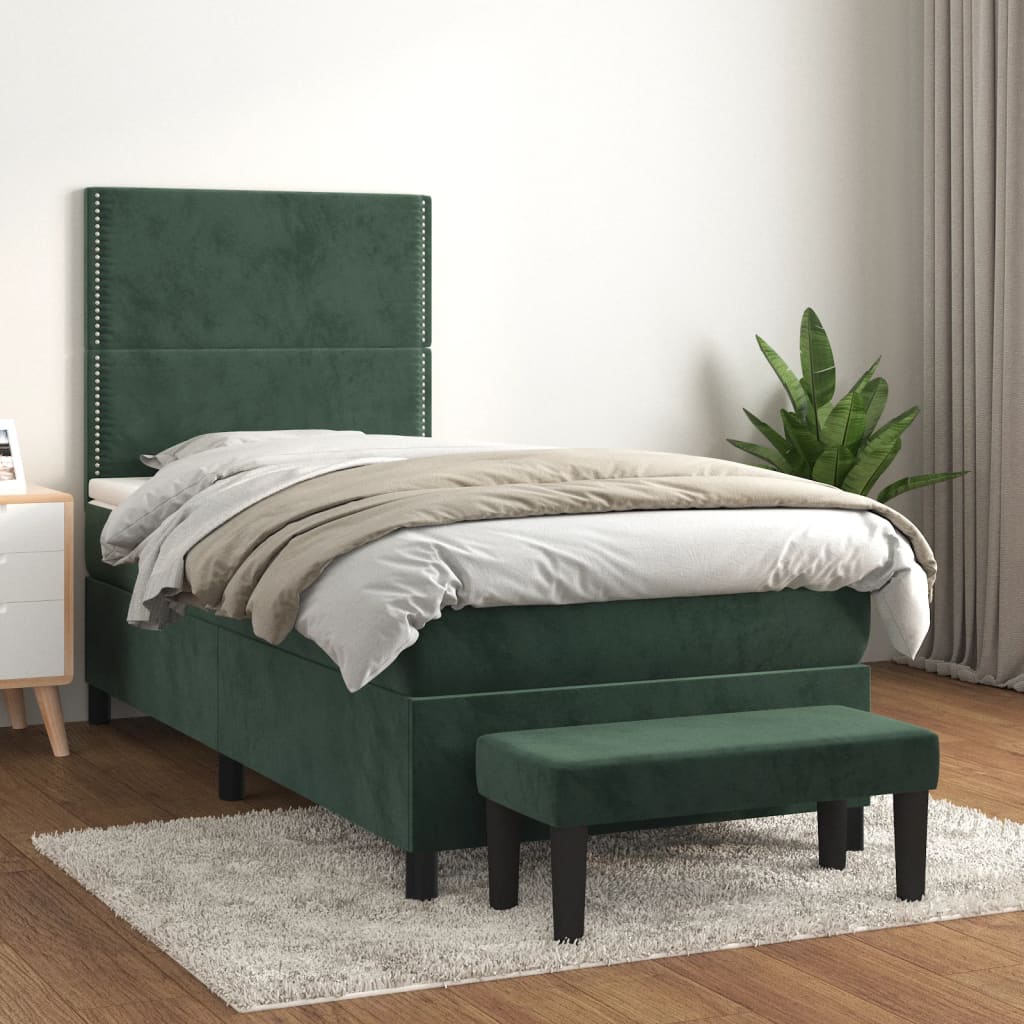 vidaXL Pat box spring cu saltea, verde închis, 90x190 cm, catifea