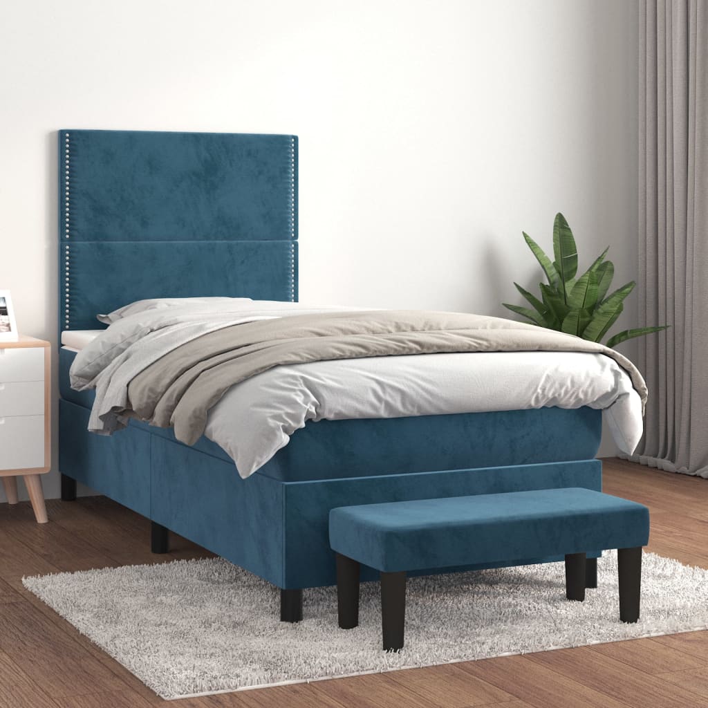 vidaXL Pat box spring cu saltea, albastru închis, 90x190 cm, catifea