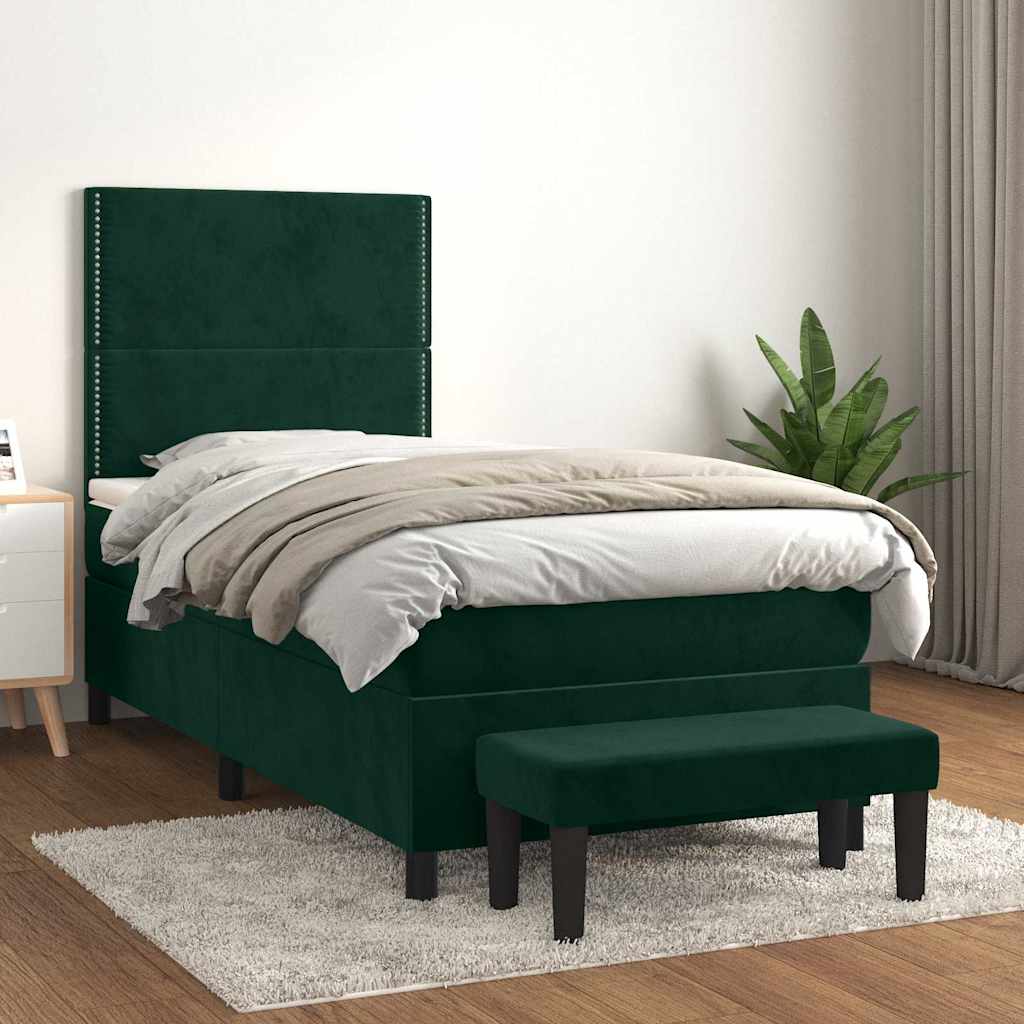 vidaXL Pat box spring cu saltea, verde închis, 90x200 cm, catifea