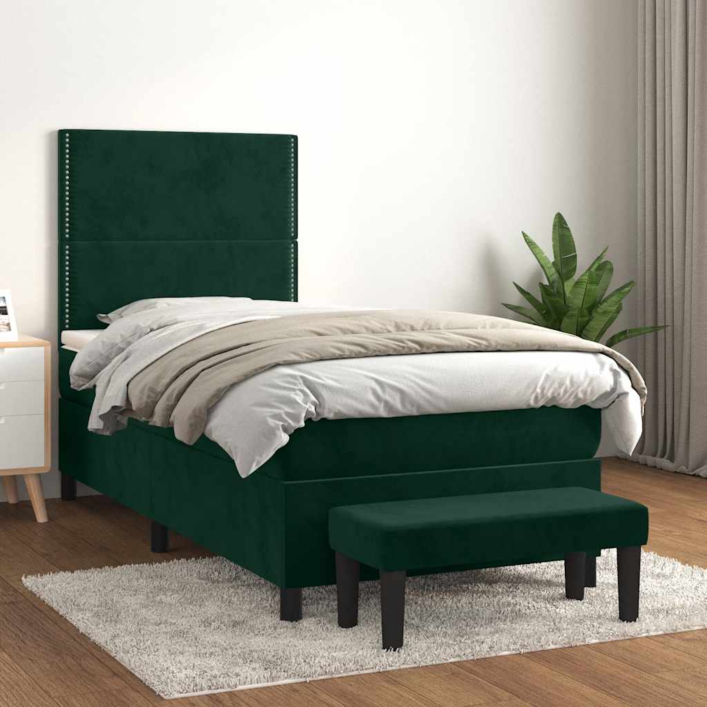 vidaXL Pat box spring cu saltea, verde închis, 100x200 cm, catifea