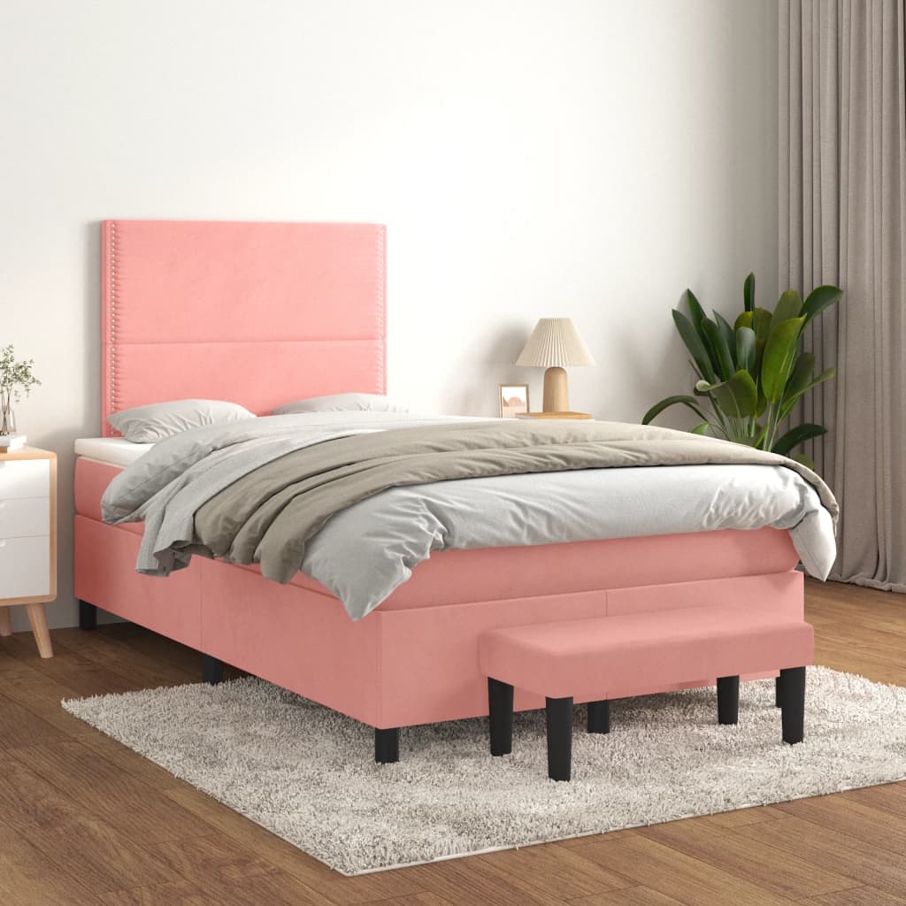 vidaXL Pat box spring cu saltea, roz, 120x200 cm, catifea