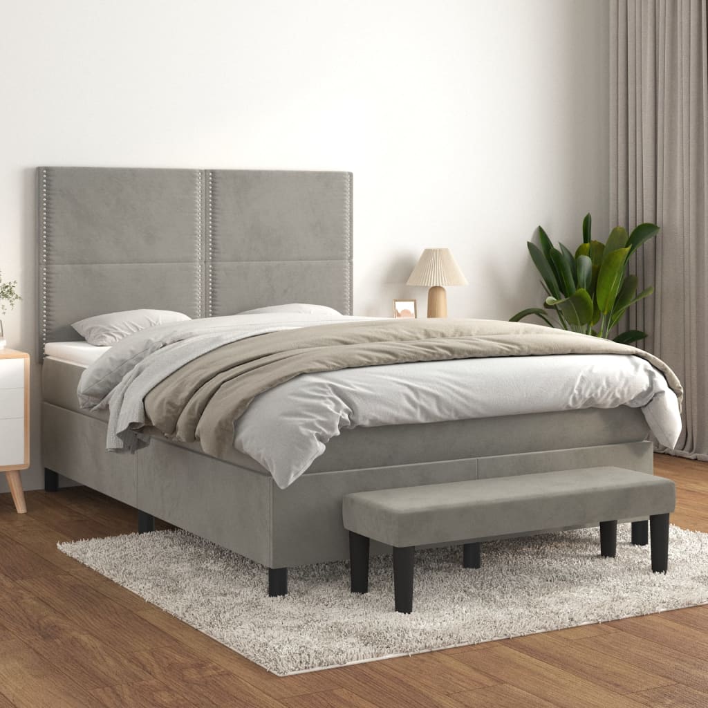 vidaXL Pat box spring cu saltea, gri deschis, 140x190 cm, catifea