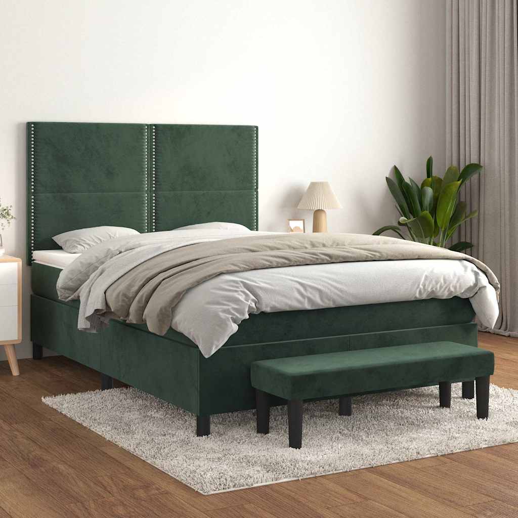 vidaXL Pat box spring cu saltea, verde închis, 140x200 cm, catifea