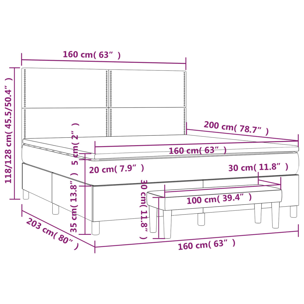 Pat box spring cu saltea, gri închis, 160x200 cm, catifea