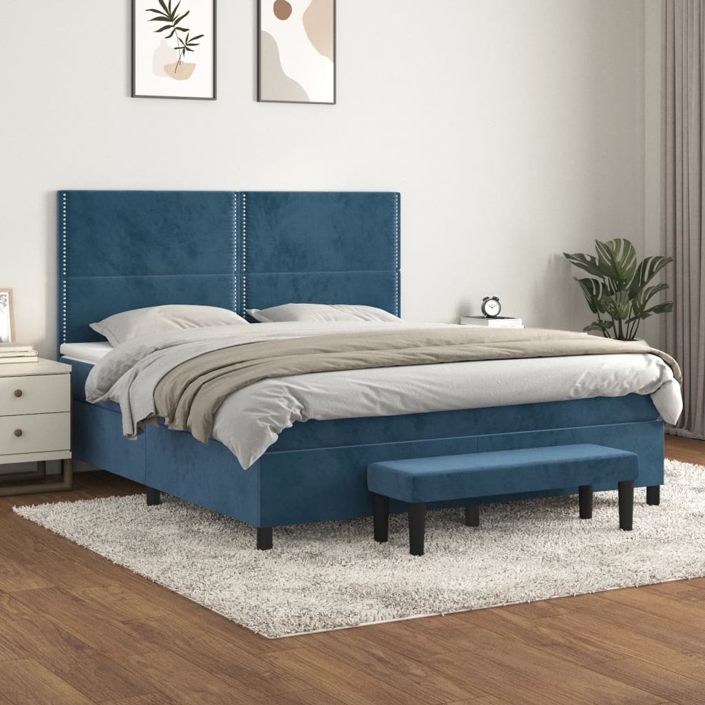 vidaXL Boxspringbett mit Matratze Dunkelblau 160x200 cm Samt