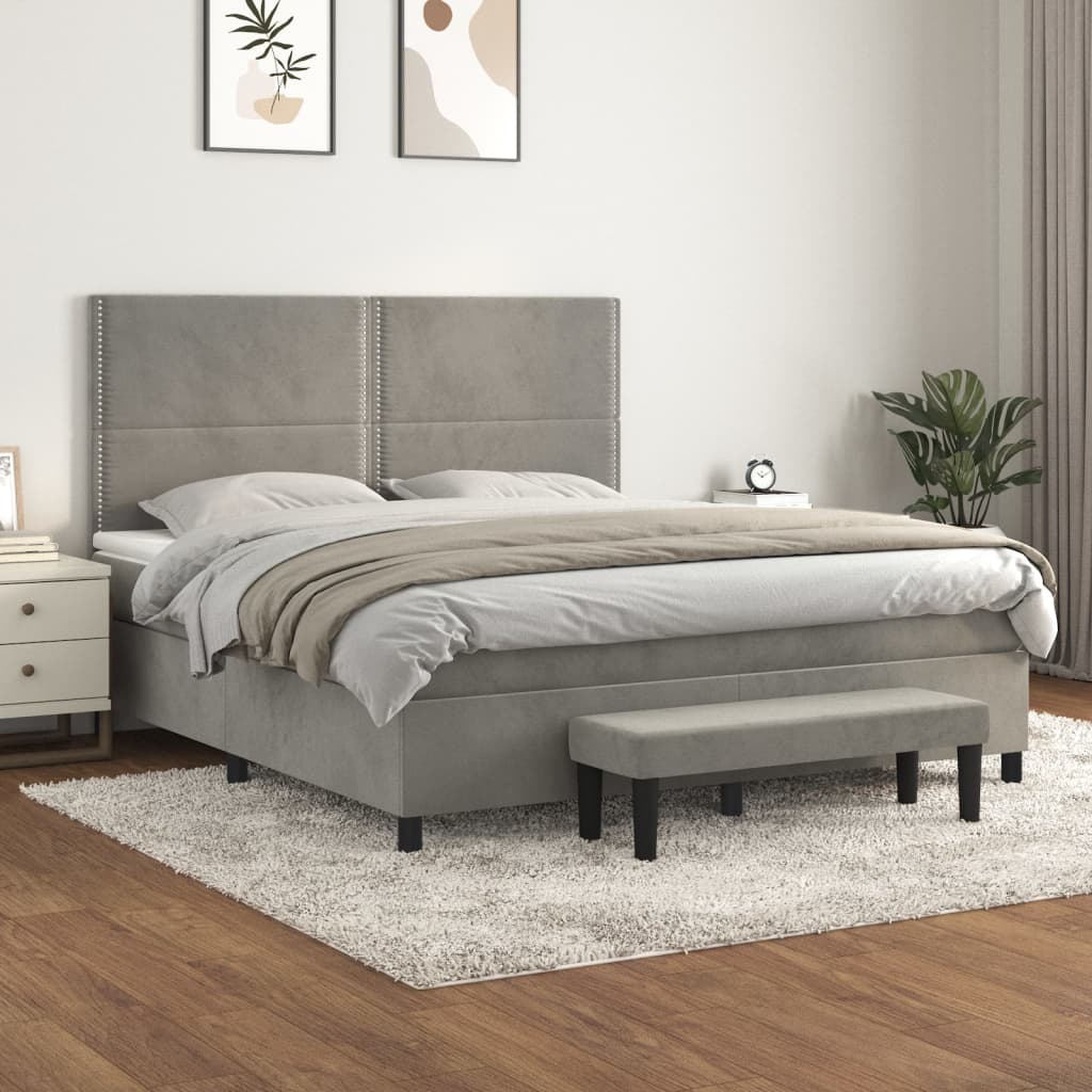 Pat box spring cu saltea, gri deschis, 180x200 cm, catifea