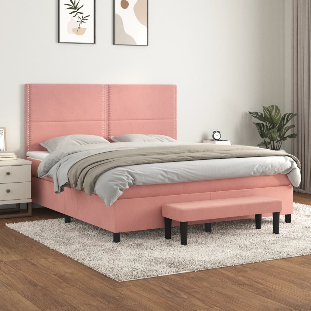 vidaXL Pat box spring cu saltea, roz, 180x200 cm, catifea