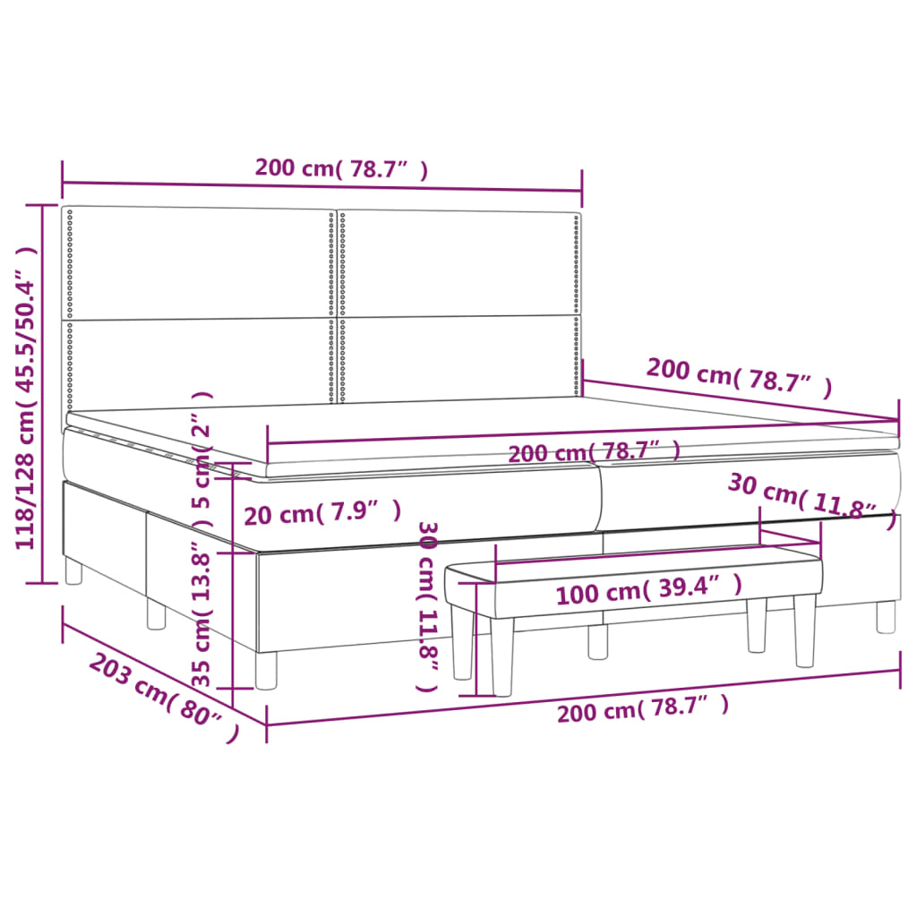 Pat box spring cu saltea, gri închis, 200x200 cm, catifea