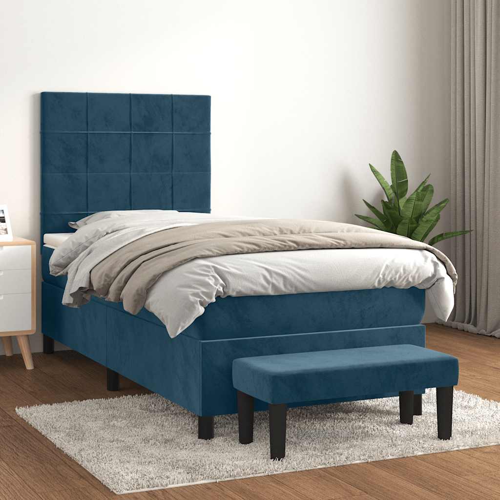 vidaXL Pat box spring cu saltea, albastru închis, 90x190 cm, catifea