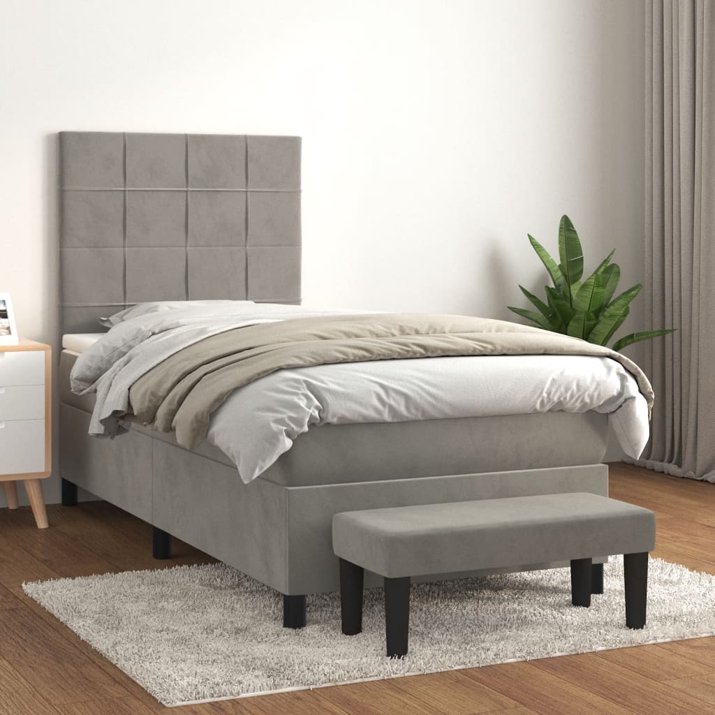vidaXL Pat box spring cu saltea, gri deschis, 100×200 cm, catifea