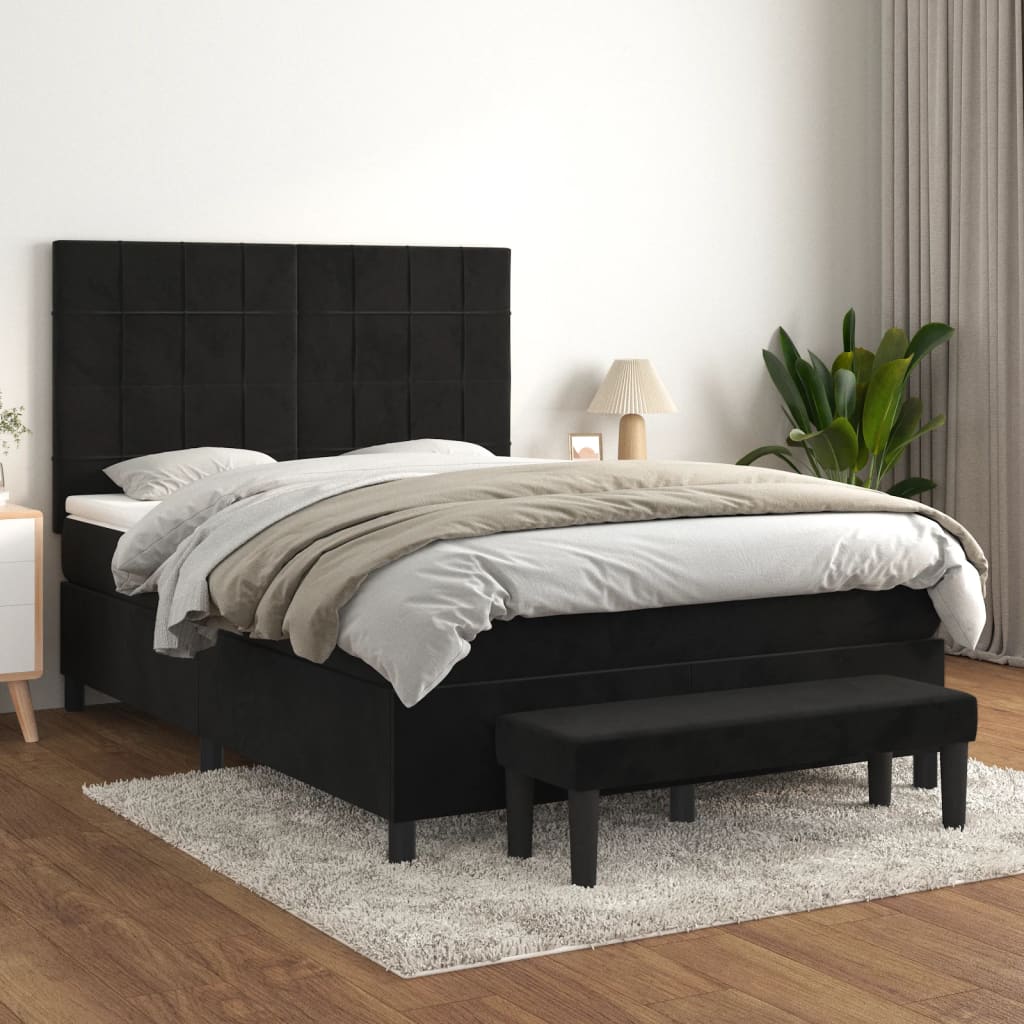 vidaXL Pat box spring cu saltea, negru, 140x190 cm, catifea