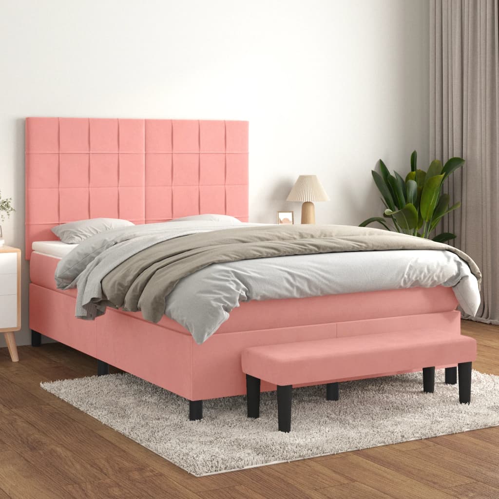 Rózsaszín bársony rugós ágy matraccal 140x200 cm 
