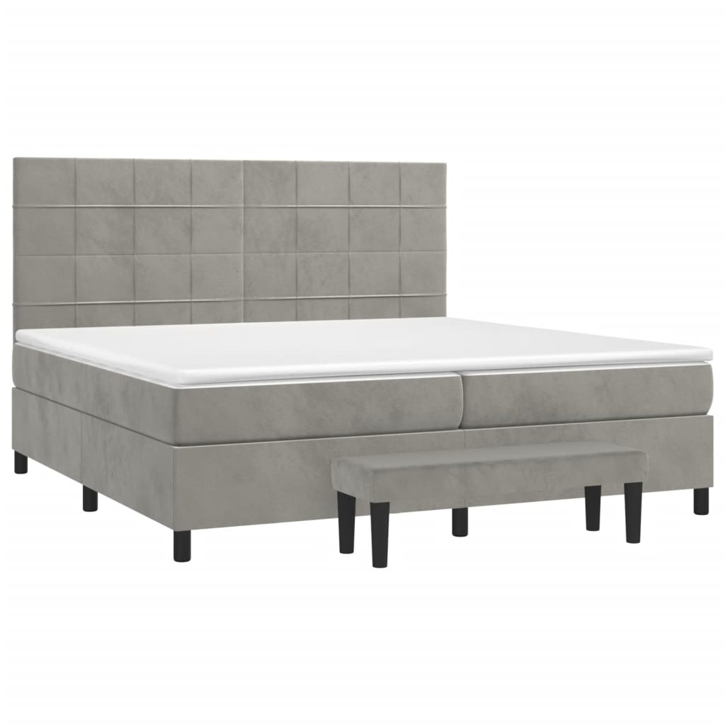 Pat box spring cu saltea, gri deschis, 200x200 cm, catifea