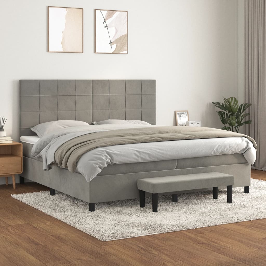 vidaXL Pat box spring cu saltea, gri deschis, 200x200 cm, catifea