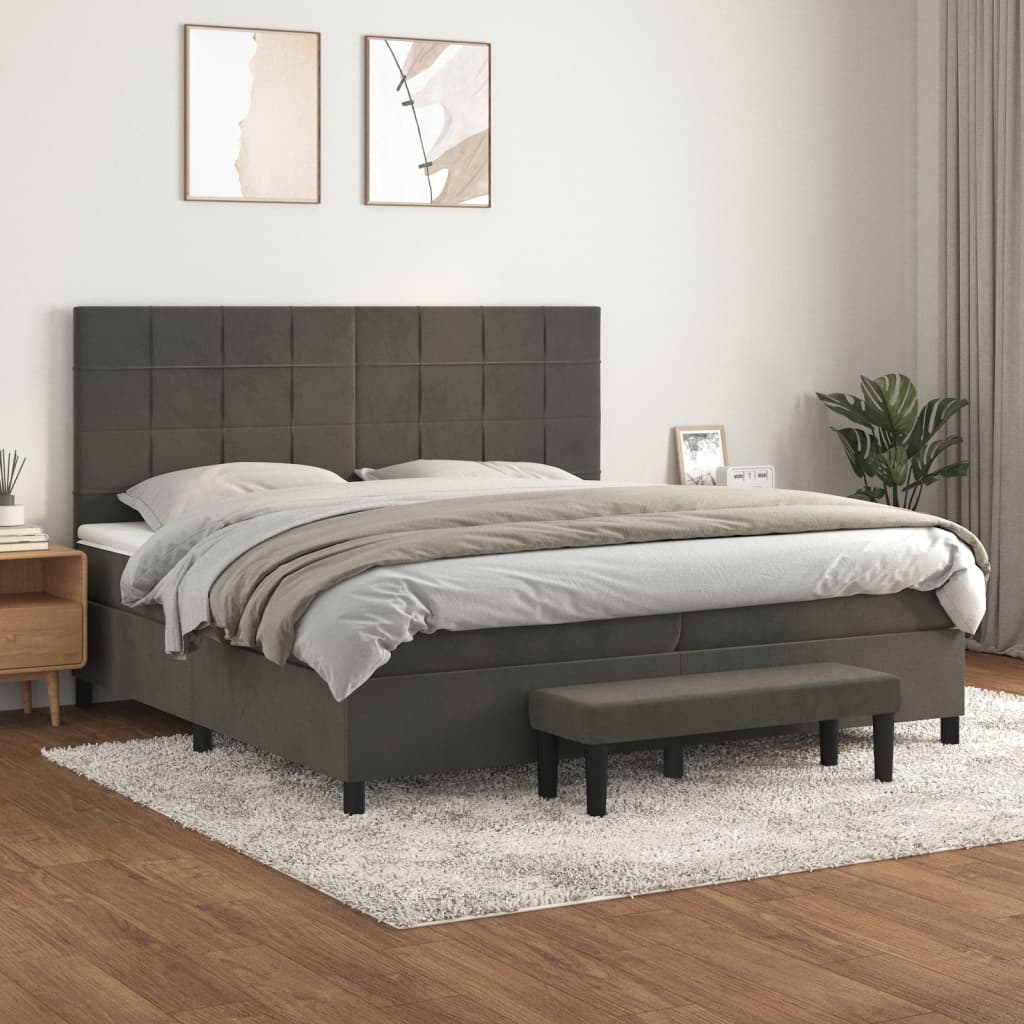 vidaXL Pat box spring cu saltea, gri închis, 200x200 cm, catifea