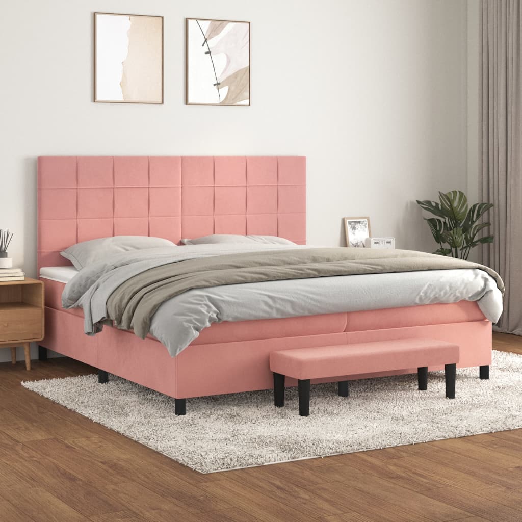 vidaXL Pat box spring cu saltea, roz, 200x200 cm, catifea