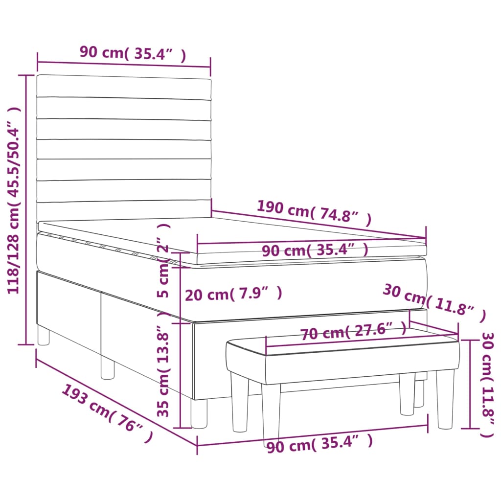 Łóżko kontynentalne aksamitne 193x90 czarne + materac 90x190 czarno-biały + nakładka ochronna 90x190 biała + ławka 70x30 czarna