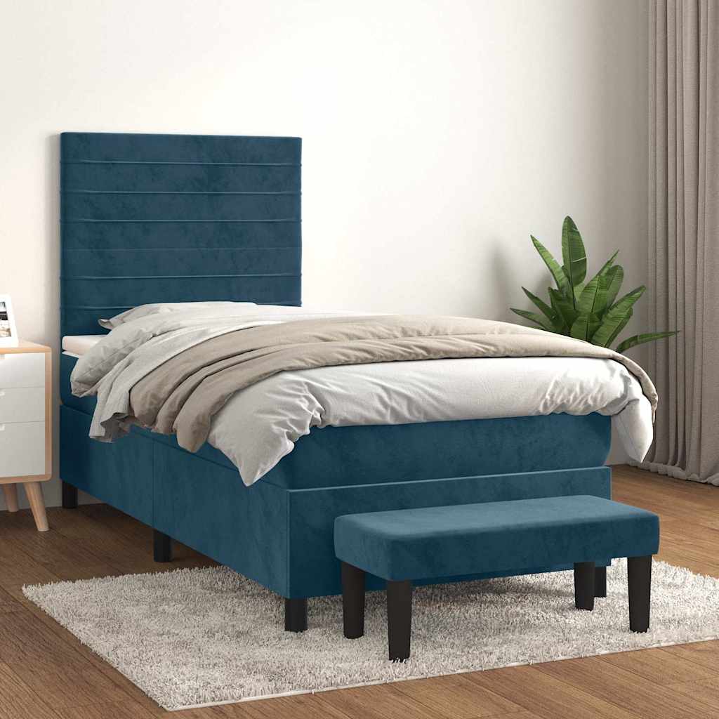 vidaXL Pat box spring cu saltea, albastru închis, 90x200 cm, catifea