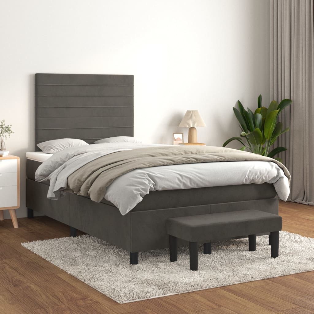 vidaXL Pat box spring cu saltea, gri închis, 120x200 cm, catifea