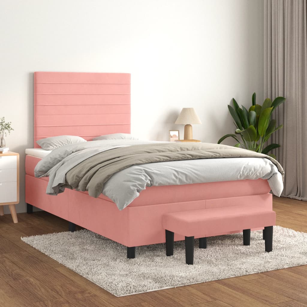 vidaXL Pat box spring cu saltea, roz, 120x200 cm, catifea