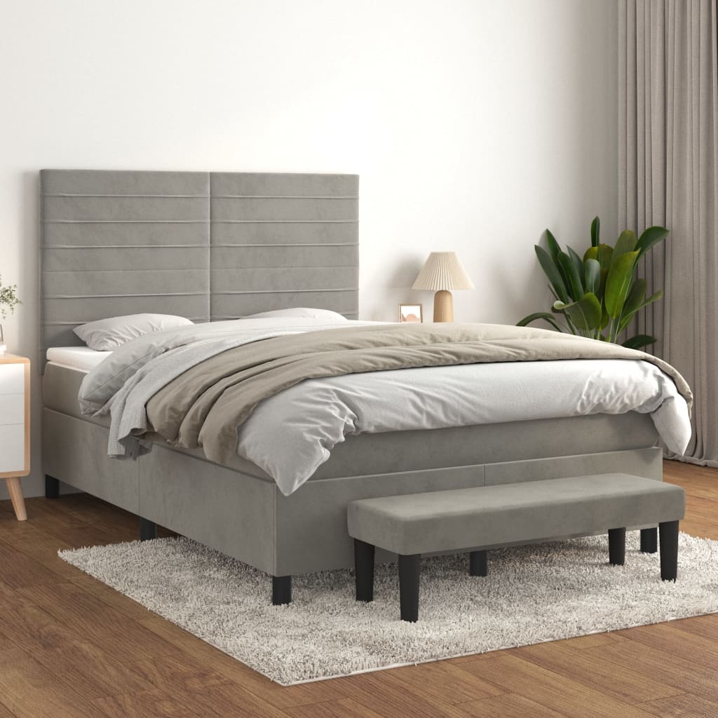Világosszürke bársony rugós ágy matraccal 140x200 cm 