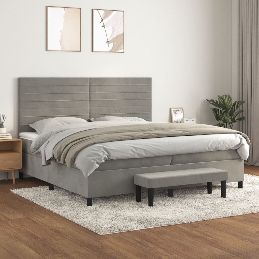 Világosszürke bársony rugós ágy matraccal 200x200 cm 