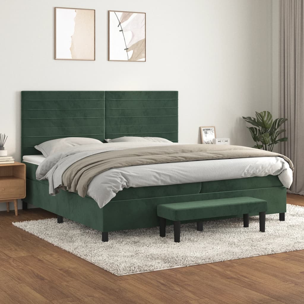 vidaXL Pat box spring cu saltea, verde închis, 200x200 cm, catifea