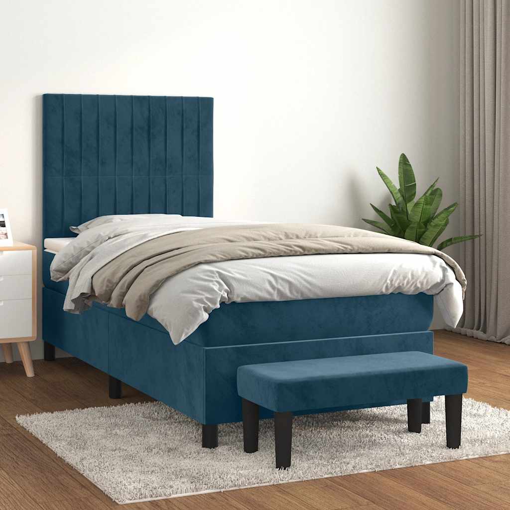 vidaXL Pat box spring cu saltea, albastru închis, 90x190 cm, catifea