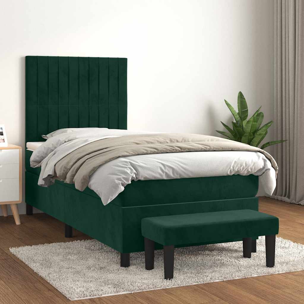 Kontinentalseng 100 x 200 cm med madras, topmadras og bænk - mørkegrøn fløjl
