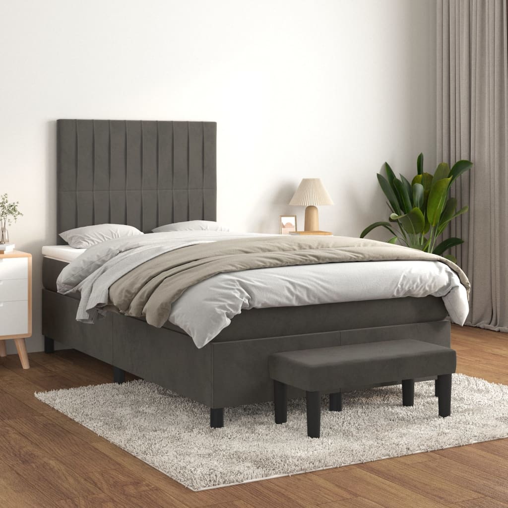 vidaXL Pat box spring cu saltea, gri închis, 120x200 cm, catifea