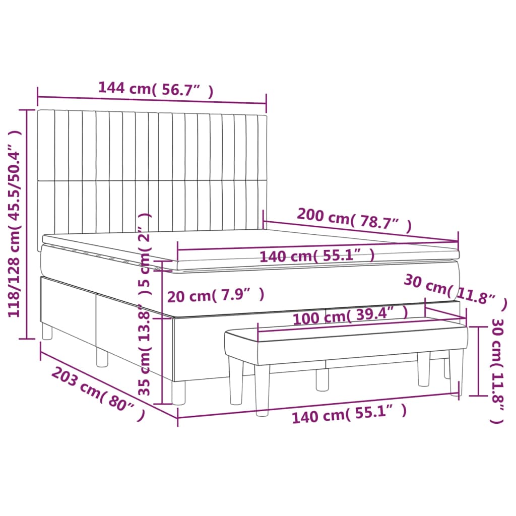 Pat box spring cu saltea, gri închis, 140x200 cm, catifea