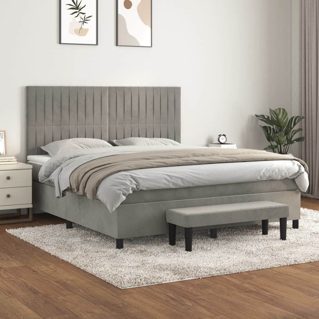 vidaXL Pat box spring cu saltea, gri deschis, 160x200 cm, catifea