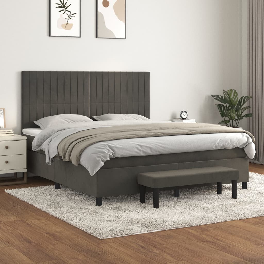 Sötétszürke bársony rugós ágy matraccal 160x200 cm 