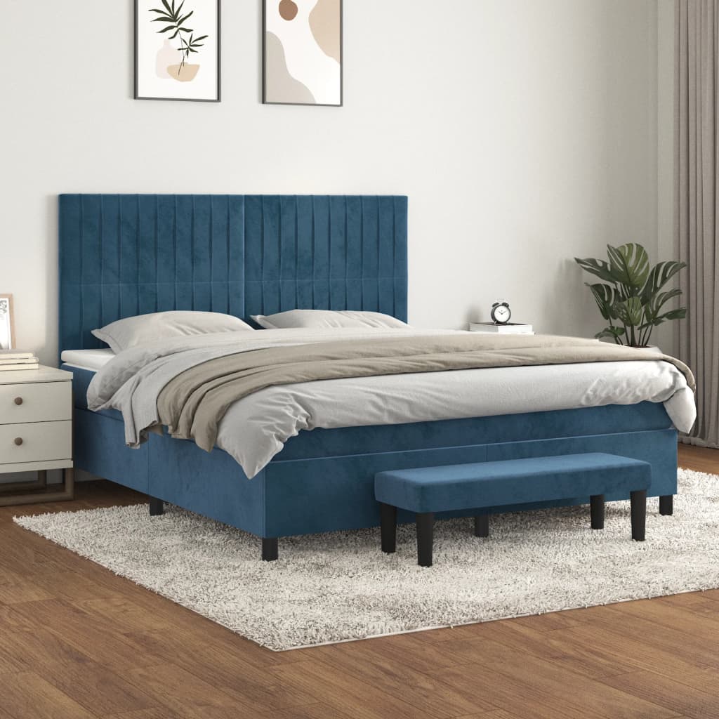 vidaXL Pat box spring cu saltea, albastru închis, 160x200 cm, catifea