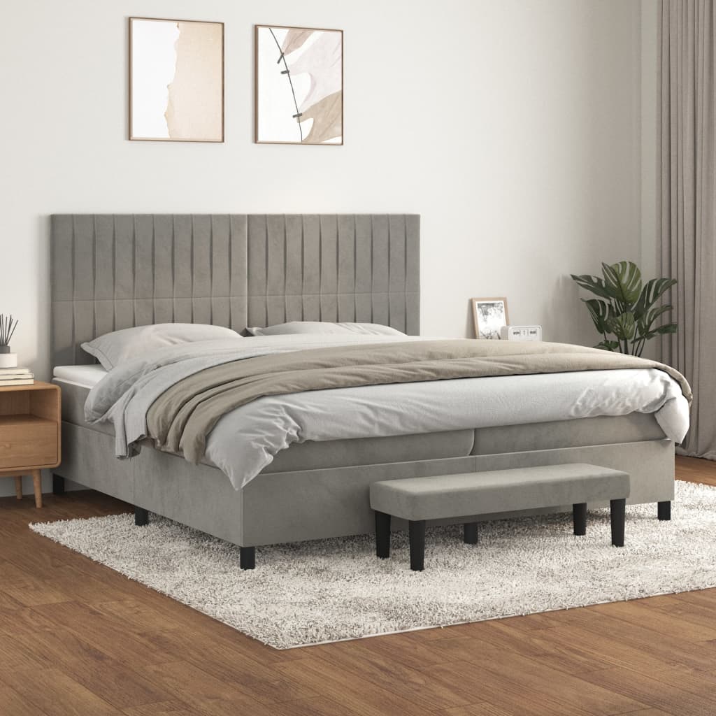 vidaXL Pat box spring cu saltea, gri deschis, 200x200 cm, catifea