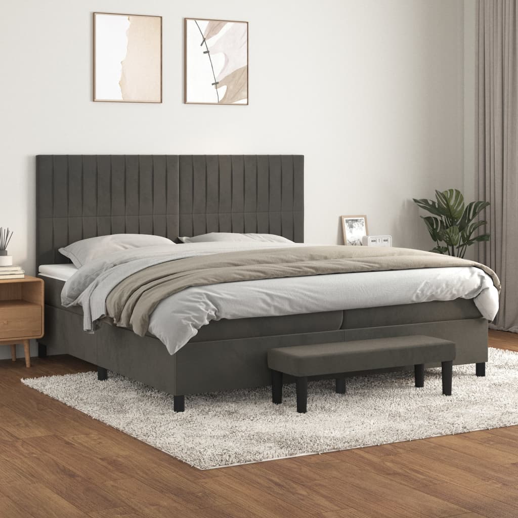 vidaXL Pat box spring cu saltea, gri închis, 200x200 cm, catifea