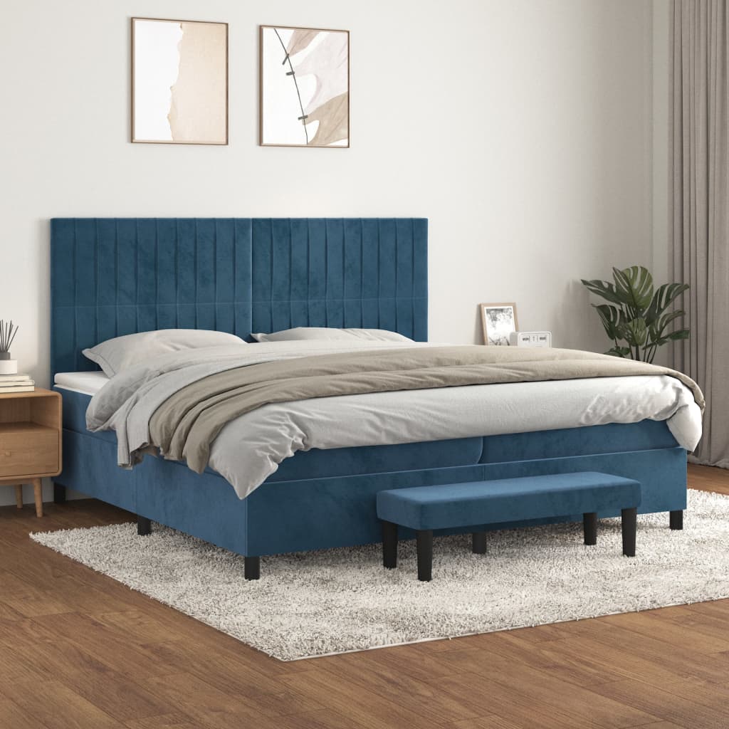 vidaXL Pat box spring cu saltea, albastru închis, 200x200 cm, catifea