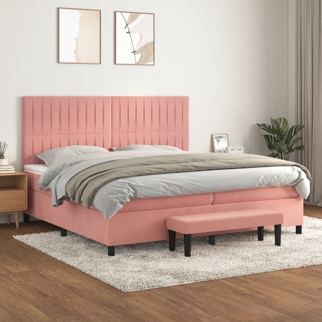 vidaXL Pat box spring cu saltea, roz, 200x200 cm, catifea